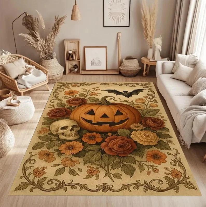 Halloween Pumpkin Head Witch Castle Bat Night Theme Printed Carpet Large Carpet for Living Room, Bedroom Holiday Decoration