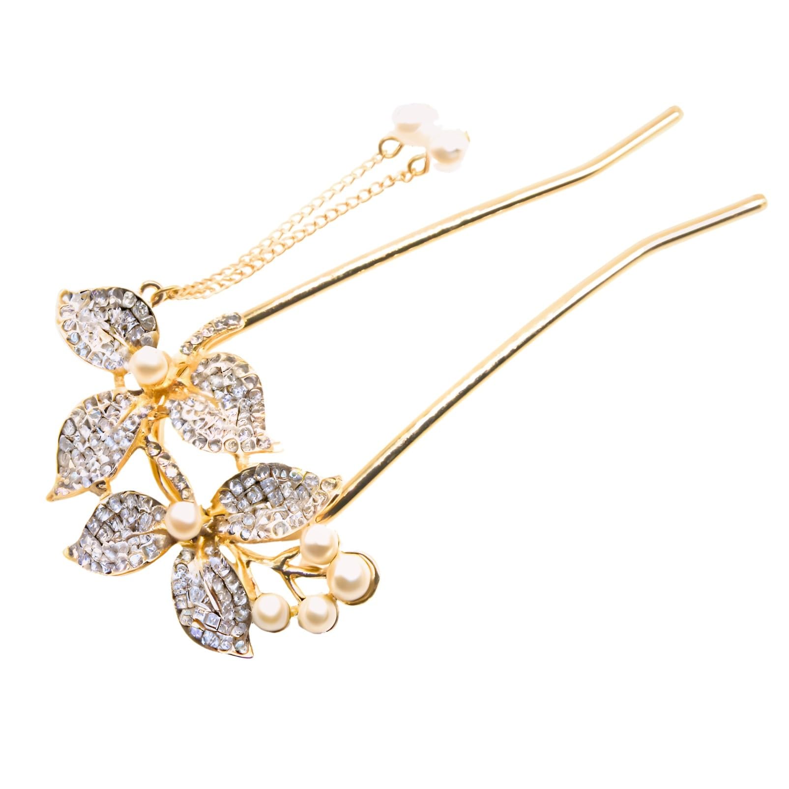 

[MiaoMiao] Kanzashi Hair Ornament for Japanese Clothing, Yukata, U-shaped, Formal Kimono, Pearl, Metal, Antique, Lemon Leaf (Pink Gold)