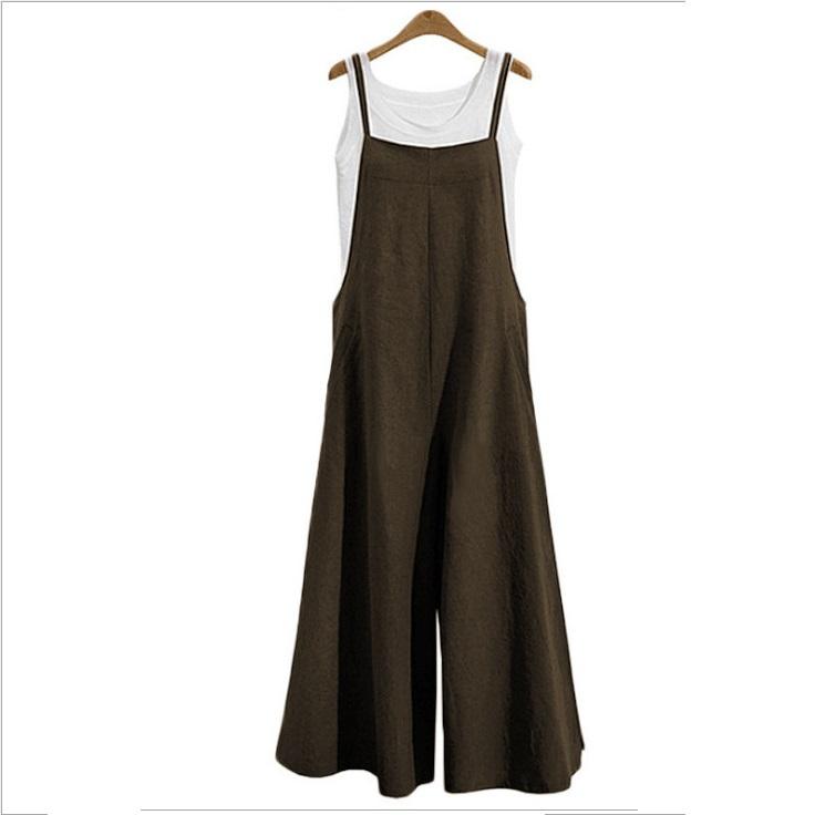 Damski Letni Kombinezon Bez Rękawów Jednolity Kolor Szeroka Nogawka Ogrodniczki Casualowy Luźny Bawełna Len Ramiączka