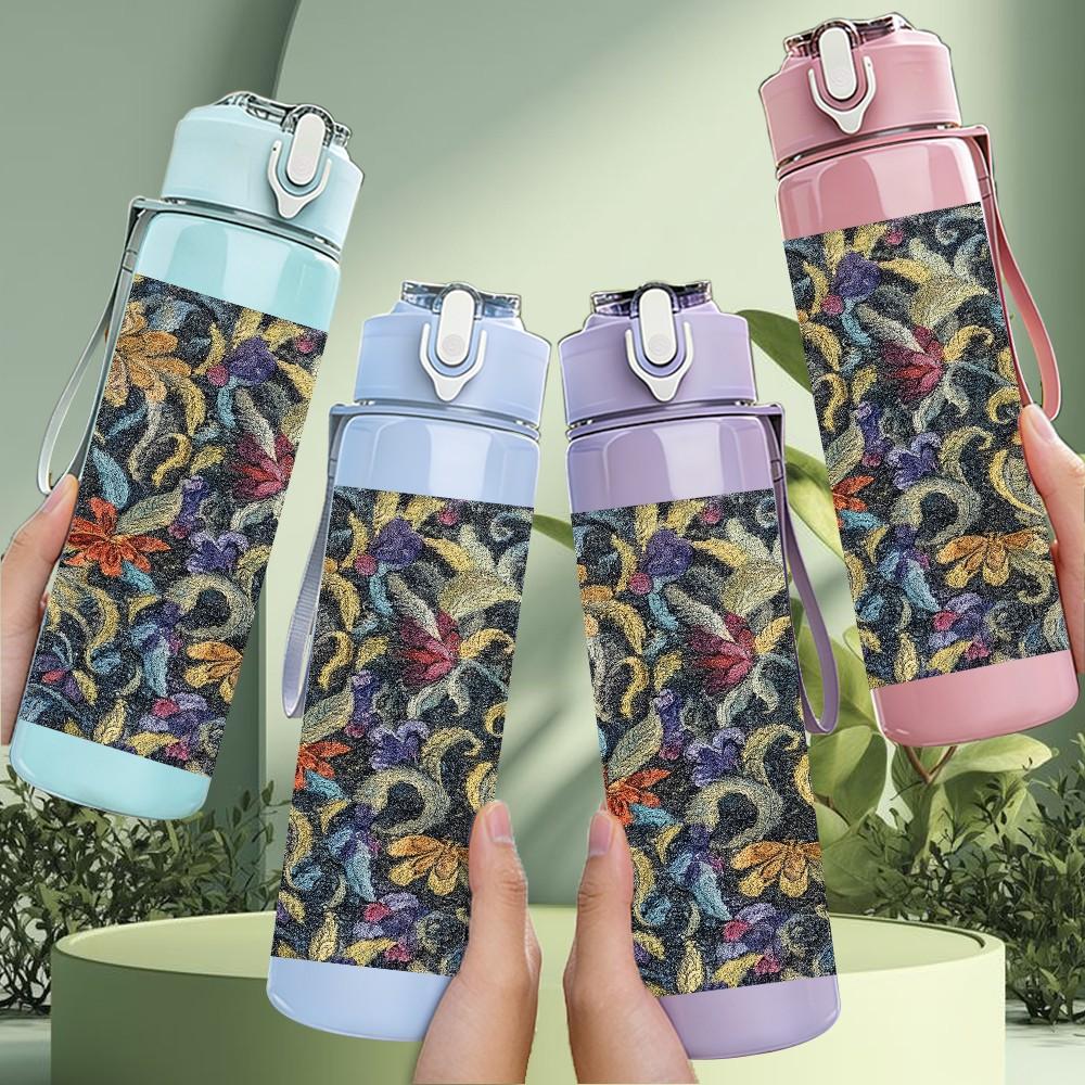 1PC Dark Mixed Floral Leaf Vintage Print 750ml Color Plastic Sports Water Bottle Leakproof Flip Straw Lid Suitable for Sports Office Home Use
