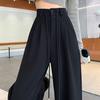 Women's Gray High-Waisted Wide-Leg Sweatpants, Slimming Loose Fit, Floor-Length, Thin Summer Style, Straight-Leg.