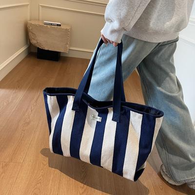 Sieviešu audekla plecu soma ar svītru apdruku, liela ietilpība, iepirkumu soma