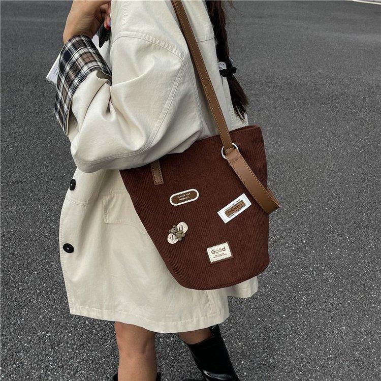 Corduroy Bucket Bag 2026 Casual Women's Simple Temperament Versatile Korean New Niche Design Shoulder Bag