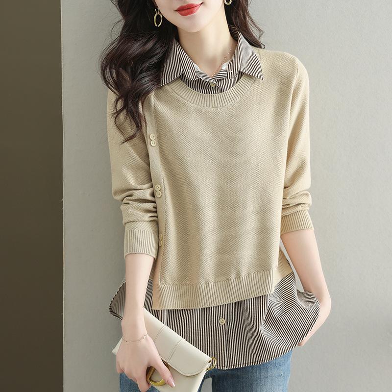 Women's Fake Two-Piece Knit Top with Shirt Collar - Stylish Autumn 2025 Sweater