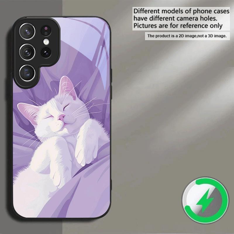 Cute White Flower Cat For Samsung S26 S20Ultra S21 Pro S22 Plus S23 FE S24 Ultra S25 For Magsafe Edge Glass Phone Case