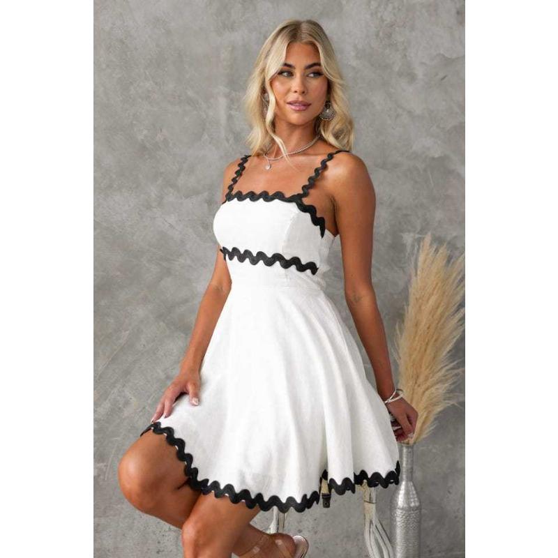 VEZFAA Women's Fashion Summer Spring Lace Print Sleeveless Suspenders High Waist Casual Dresses