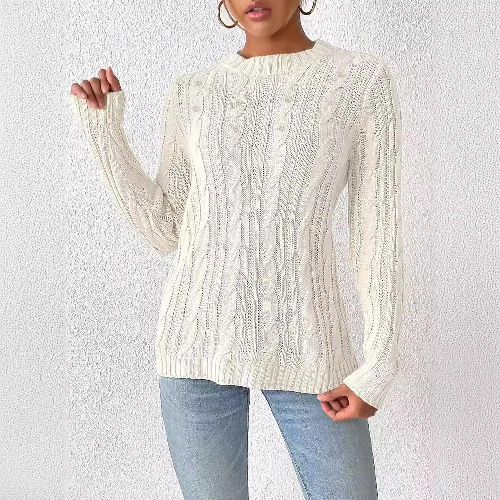 Women's Autumn and Winter Round Neck Pullover Simple Beaded Woven Sweater