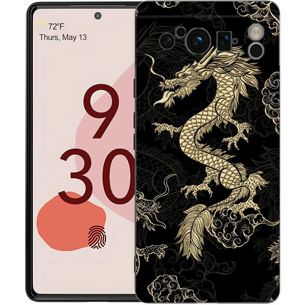 Phone Case For Google Pixel 8 7 6 Pro 8A 7A 6A TPU Shell Soft Silicone Shockproof Black Cover Illusory Color Chinese Dragon