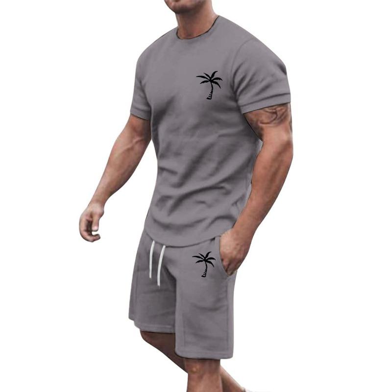 Mens Casual Palm Tree Print Short Sleeve T Shirt And Drawstring Shorts 2 Piece Set