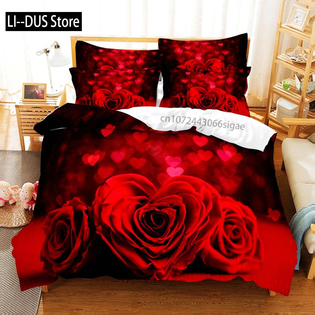 Red Rose Duvet Cover Comforter Pillow Case King Queen Size Flower Theme Valentine's Day Present For Women Room Decorations Gifts