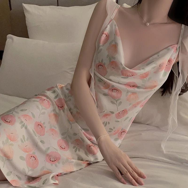 Pajamas for Women Autumn Latest Satin Floral Print Cross Backless Sexy Pajamas for Women Suspender Pajamas