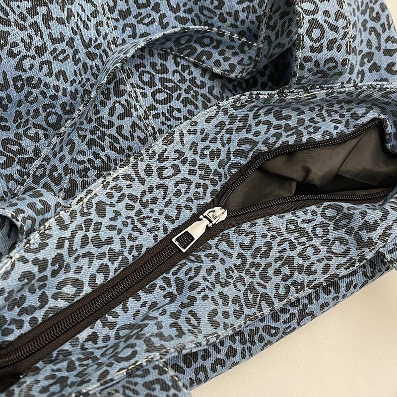 Denim Shoulder Bag Women's Large Capacity Shopping Bag Leopard Print Tote Bag Student Commuter Bag