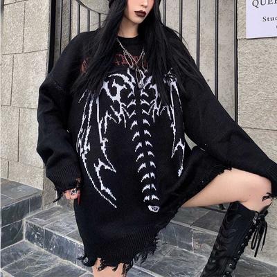 Gothic Style Punk Knitted Sweater Women Oversize Hip-hop Streetwear Mall Goth Skull Grey Fashion Pullover Jumper Tops