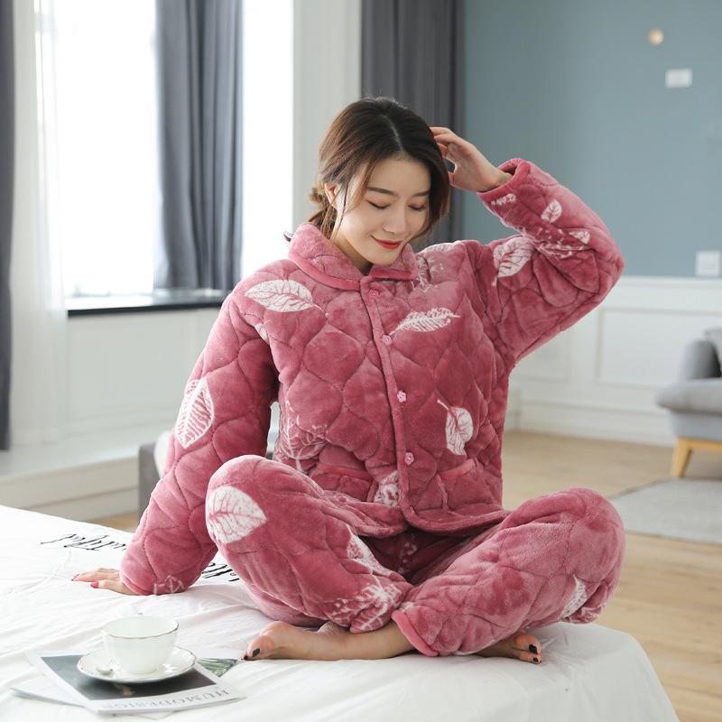 Pajamas Women's Winter Three-layer Thickened Padded Jacket Coral Fleece Lapel Super Warm Can Be Worn Outside Loungewear