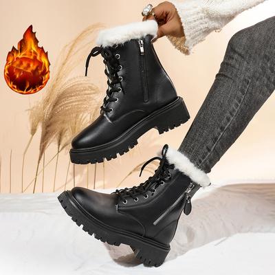 Women Ankle Boots Winter Cotton Shoes Fashion Round Toe Lace-Up Shoes Women Side Zip Platform Non-Slip Booties Zapatos De Mujer