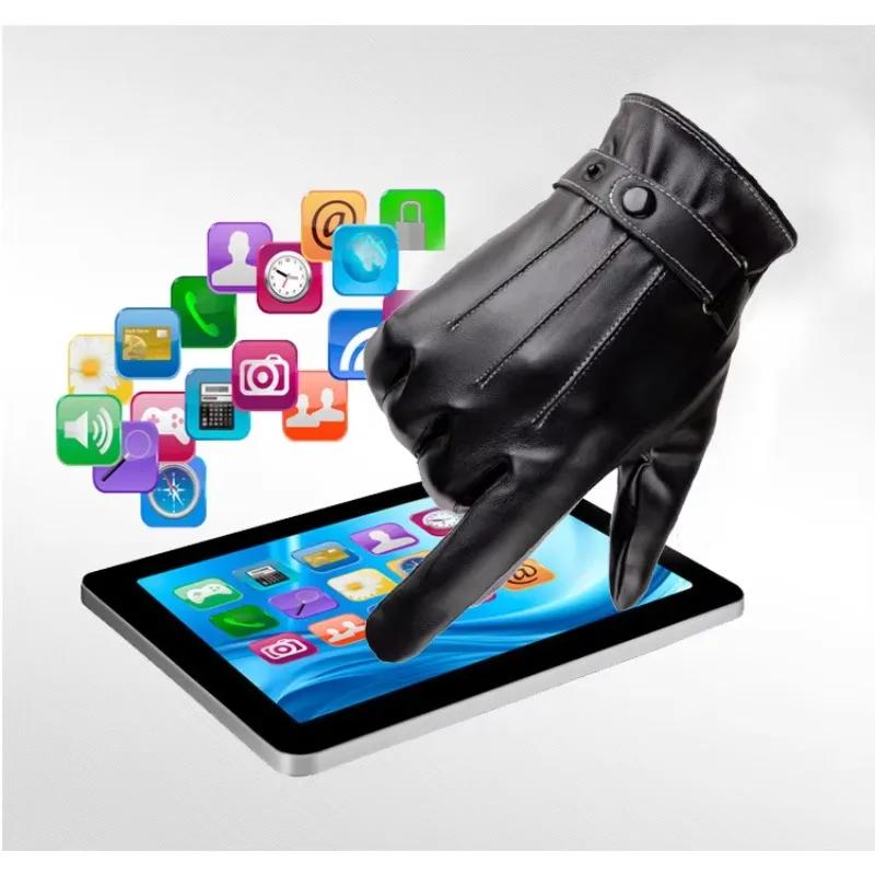 Men's PU Leather Winter Gloves Plush Lined Full Hand Touchscreen Cold Weather Driving Gloves Non-Slip Thermal