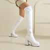 Winter Thigh High Boots Women's Patent Leather Pleated Boots Over the Knee Soft PU Chunky 9cm Heels Platform Shoes