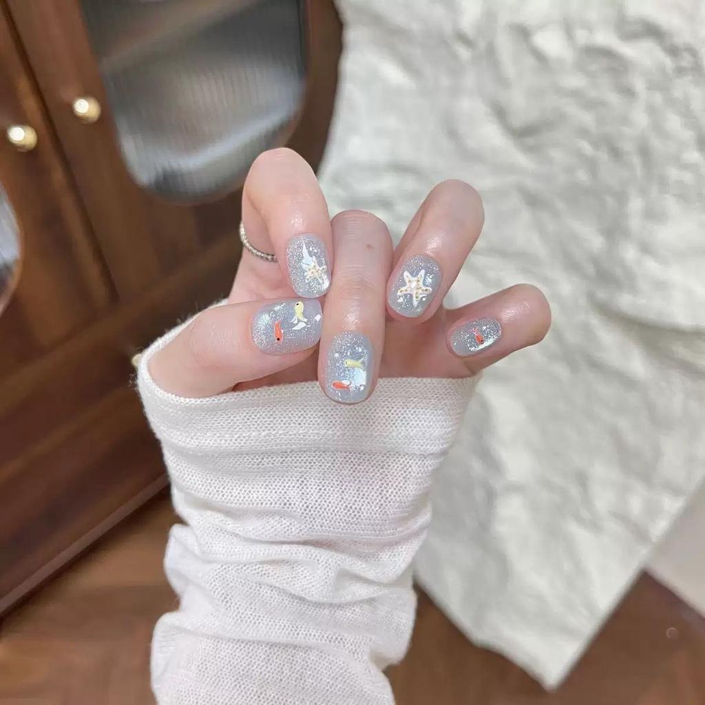 10Pcs Short Square Blue Glitter Cat Eye Ocean Starfish Fish Design Reusable Press On Nails For Women