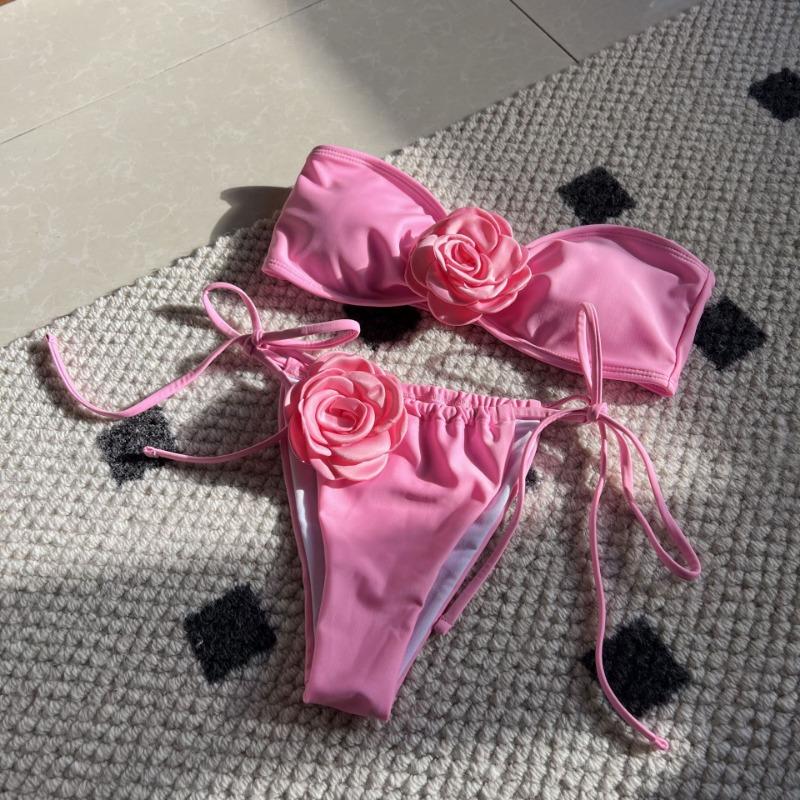 Jednobarevné Rose Tube Top Stahovací popruh Pásek Split Plavky Bikiny