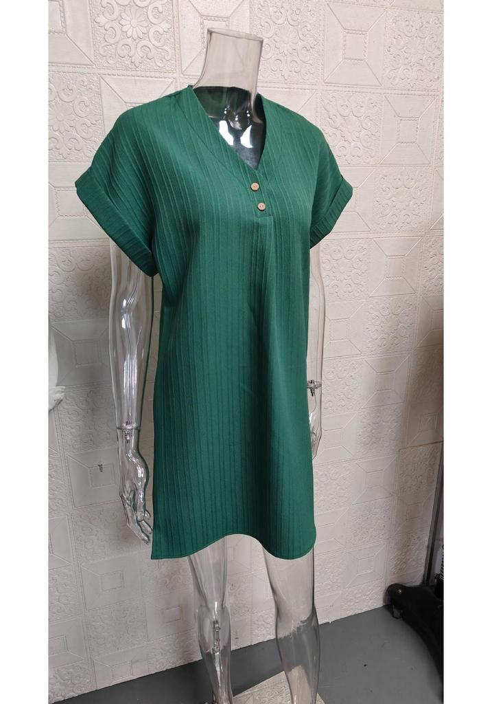 2024 European & American V-neck Solid Color Casual Button Dress for Women