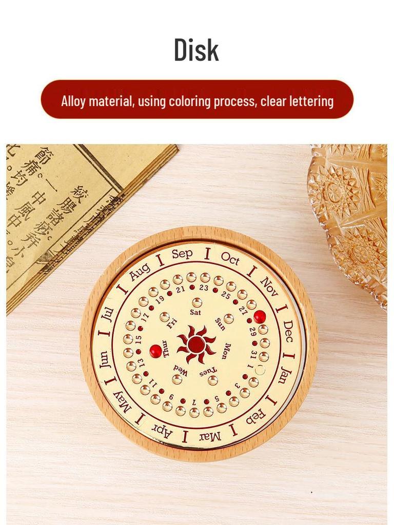 Adjustable Wooden Sundial Perpetual Calendar, Desktop Ornament and Timer for Home or Office Decor