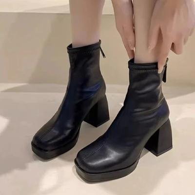 Women's Shoes On Sale 2024 High Quality Zipper Women's Boots Winter Square Toe Solid Dress Short Barrel Block Heel Fashion Boots