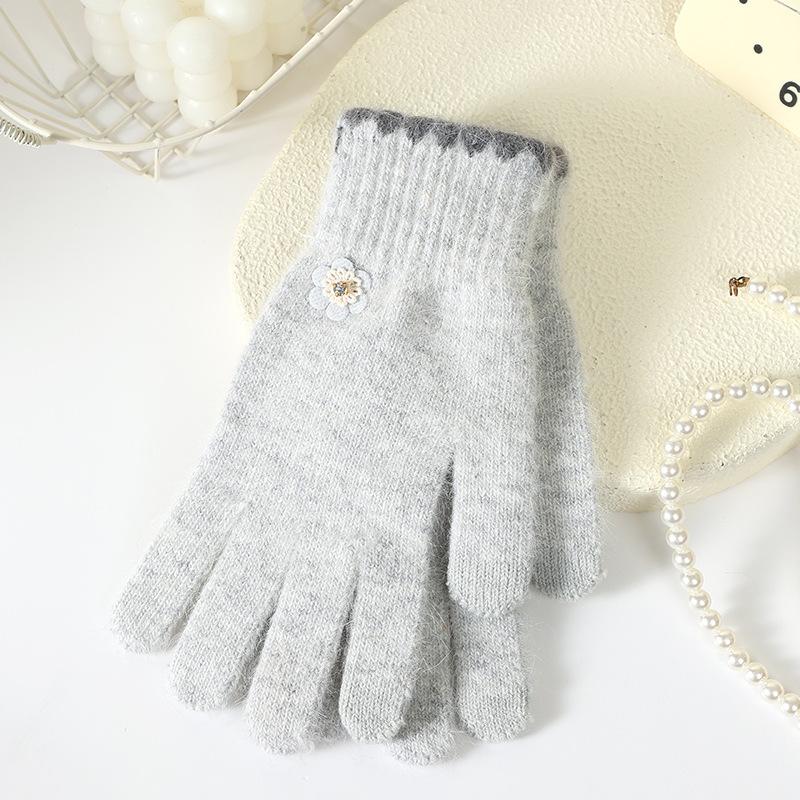 Finger gloves winter women's new thickened warm solid color cute student cycling cold-proof wool gloves women