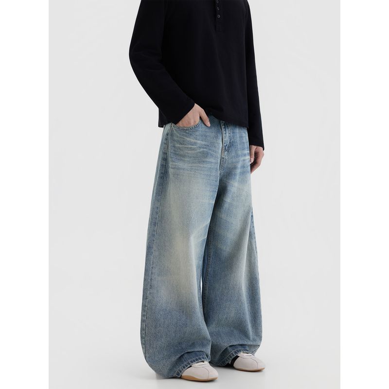 Blaexit American-Style Distressed Whiskered Washed Blue Scimitar Jeans for Men, Loose Straight-Leg Cleanfit Pants