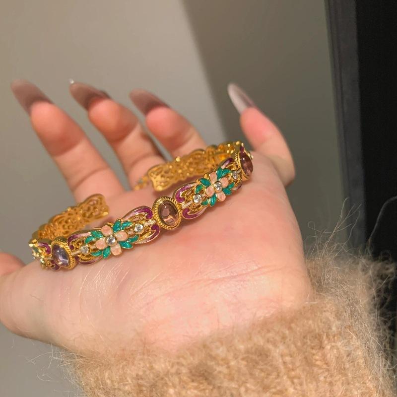 Classic Palace Style Colorful Enamel Purple Chalcedony Flower Ring Bracelet Diamond Inlay Charm Wedding Cheongsam Jewelry