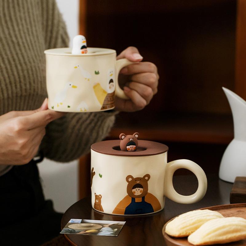 Mili Life Cute Cup with Lid Mug Ceramic Cup Female Couple Cup Coffee Cup Creative Water Cup Breakfast Cup
