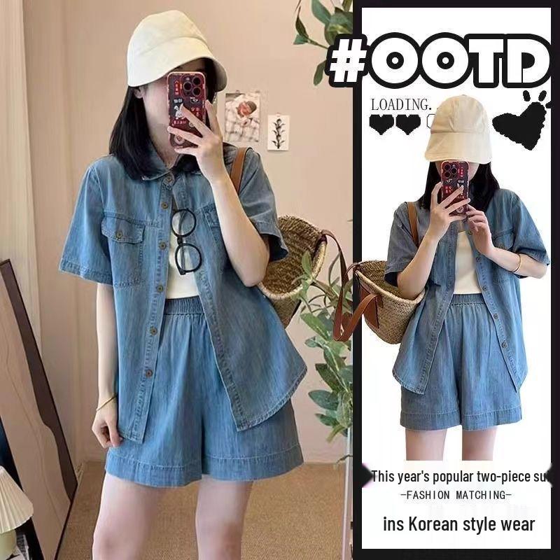 Spring/Summer 2026 Youthful Slimming Outfit Set: Petite to Plus-Size Women's Denim Shorts Two-Piece