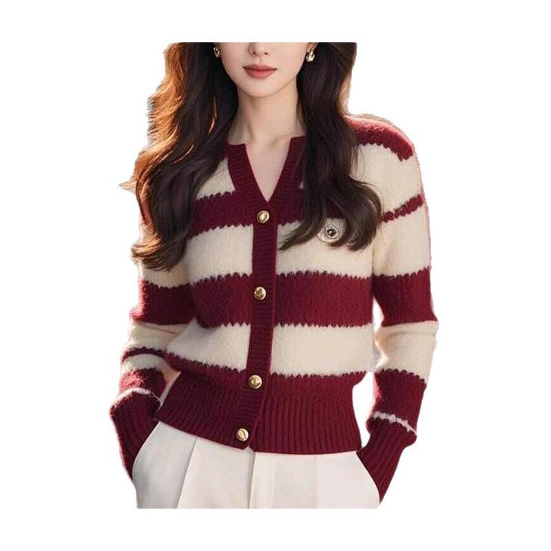 Burgundy striped knitted cardigan sweater women's autumn and winter new coat soft waxy knitted top