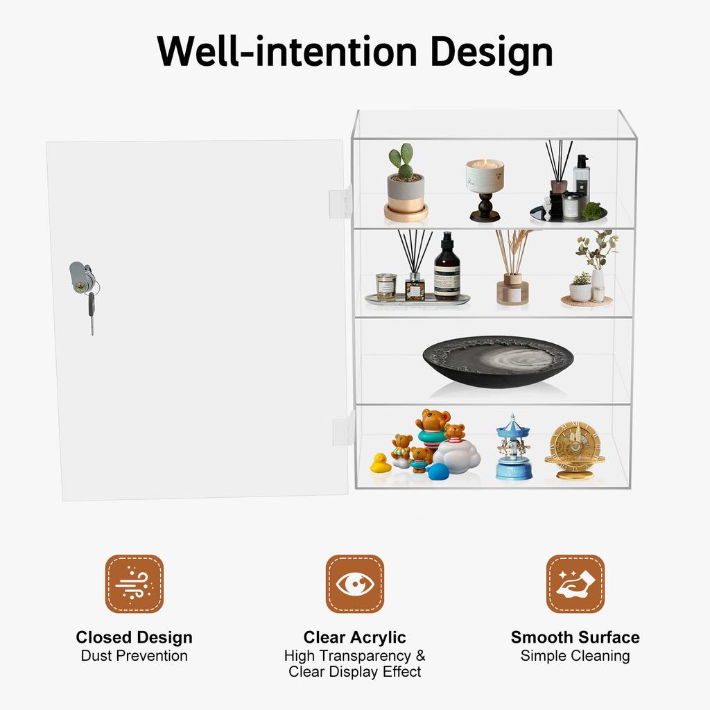 Acrylic Display Case 4-Tier Lockable Cabinet, Clear Showcase for Funko Pop Figures, Mini Cars, Collectibles Storage and Display