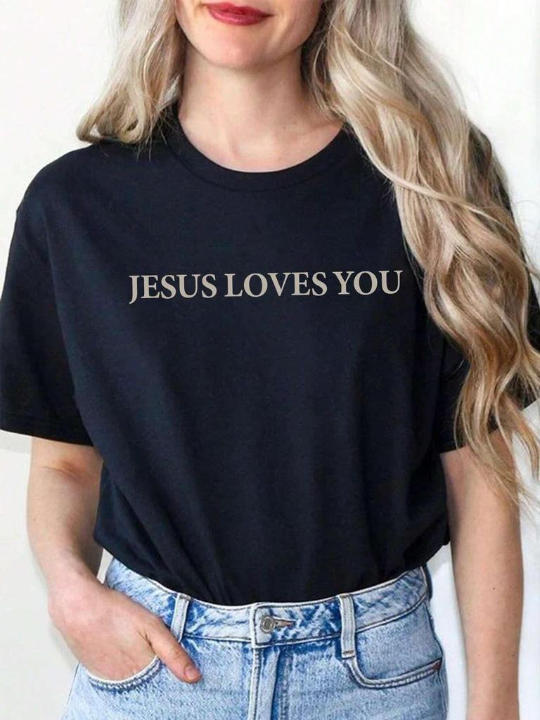Jesus Loves You Letter Print Women TShirts Summer Breathable Soft Tees Street Fashion Short Sleeve Casual Sport Loose Clothes