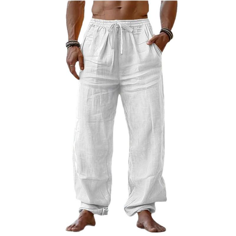 Beach Pants Cross-border Cotton and Linen Casual Trousers Amazon Men's Solid Color Drawstring Elastic Waist Daily Casual Breathability