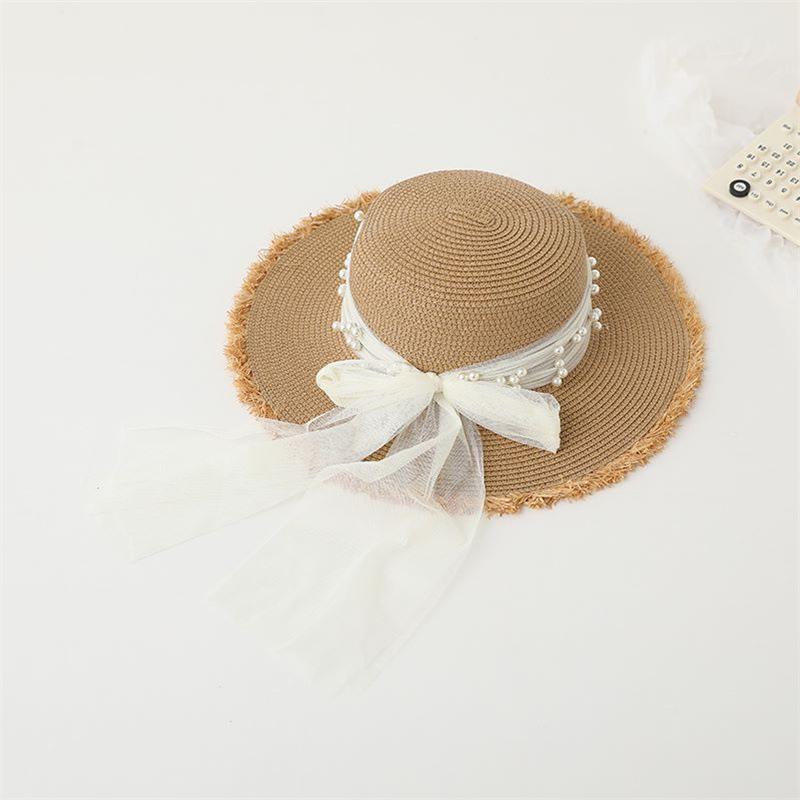 

Fashion Flat Top Wide Brim Straw Hats Pearl Silk Ribbon Bow Sun Visor Hat Summer Beach Floppy Foldable Cap for Women Girls 56-58cm хакі