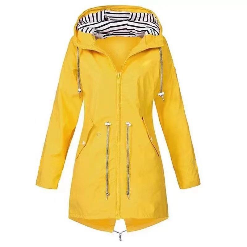 Women's Fashion Hooded Outdoors Zipper Windproof Trench Coats Casual Waterproof Drawstring Rain Jackets Mountaineeri Female