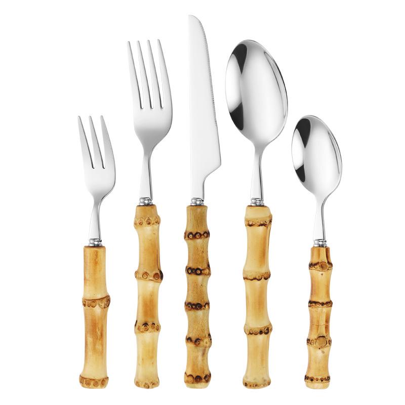 Bamboo Handle Cutlery Set: Solid Wood Steak Knife, Fork, and Spoon with 304 Stainless Steel Retro Design.