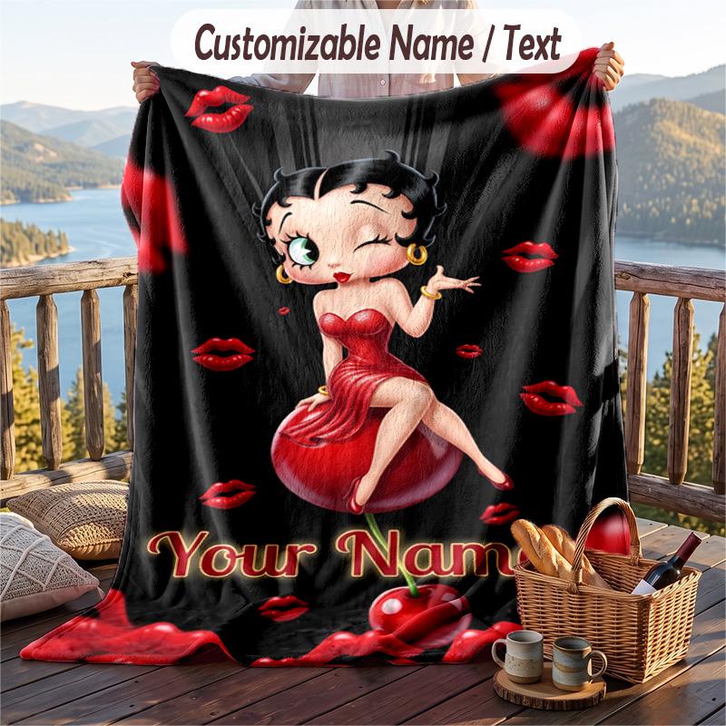 Custom Text Flannel Throw Blanket, Lightweight Cozy Bed Sofa BlanketBetty Boop