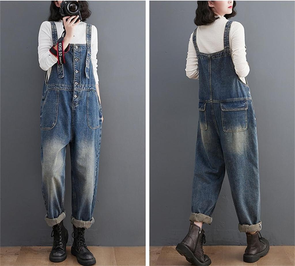 Denim Loose Autumn Size [Mohokyo] Women's Overalls, Fit, Wide-Leg Jeans, Figure-Flattering, Spring, Summer, (Color Shown, L)