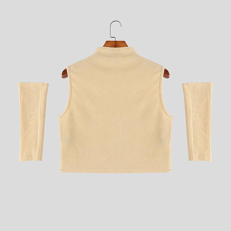 INCERUN Men Mockneck Sleeveless Rib Casual Fitted Cropped Tank Tops with Oversleeve