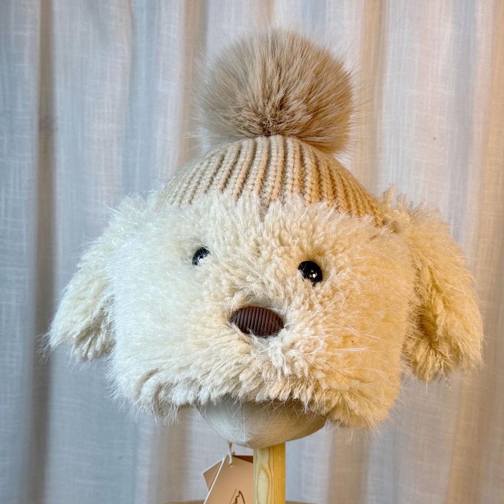 Cute Funny Puppy Plush Hat for Women in Winter Plus Velvet To Keep Warm and Sweet Knitted Ear Protection Hat Showing Face Small Woolen Hat