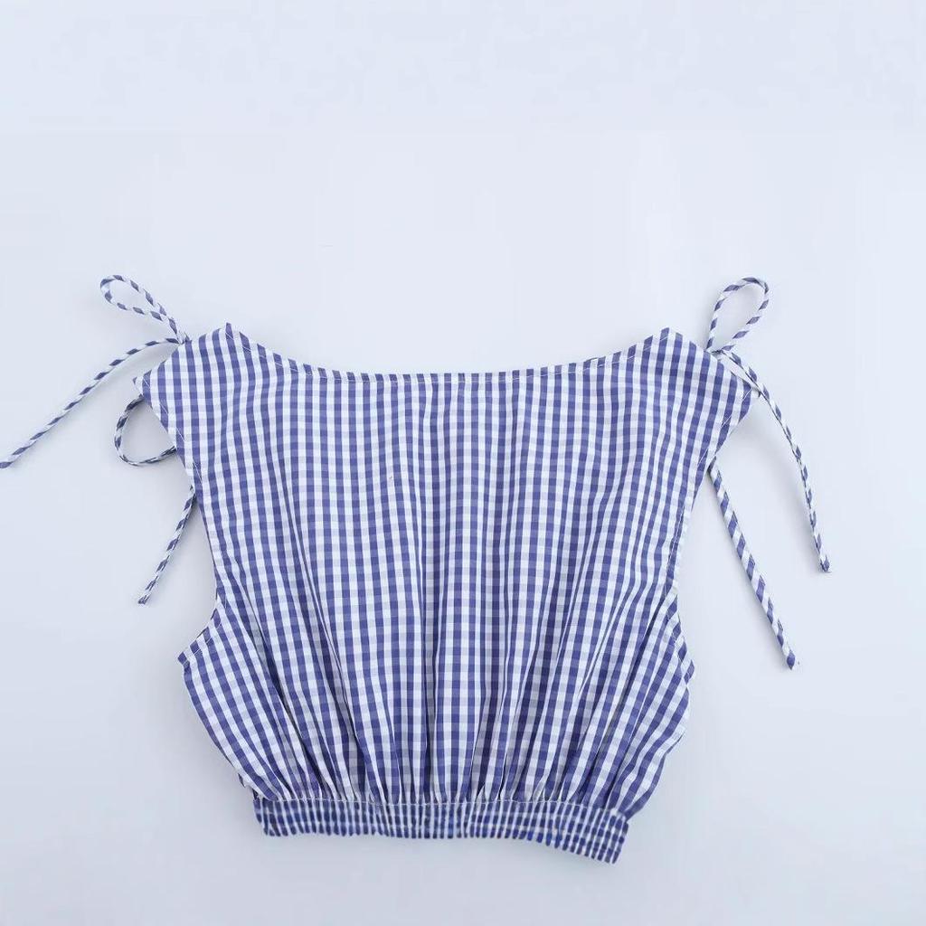 2025 Spring Women's European & American Style Striped Tie-Up Ruched Waist Top