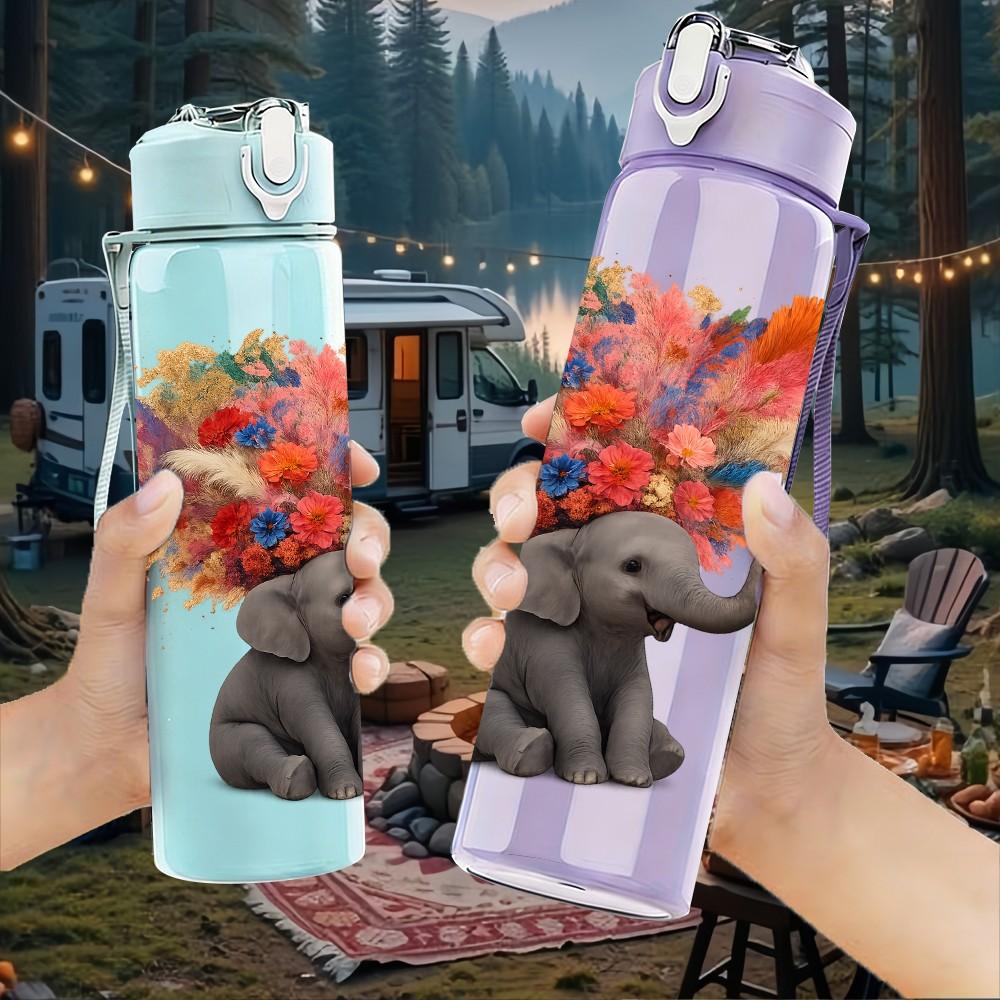1PC Elephant Hold Colorful Flower Bouquet Print 750ml Color Plastic Sports Water Bottle Leakproof Flip Straw Lid Suitable for Sports Office Home Use