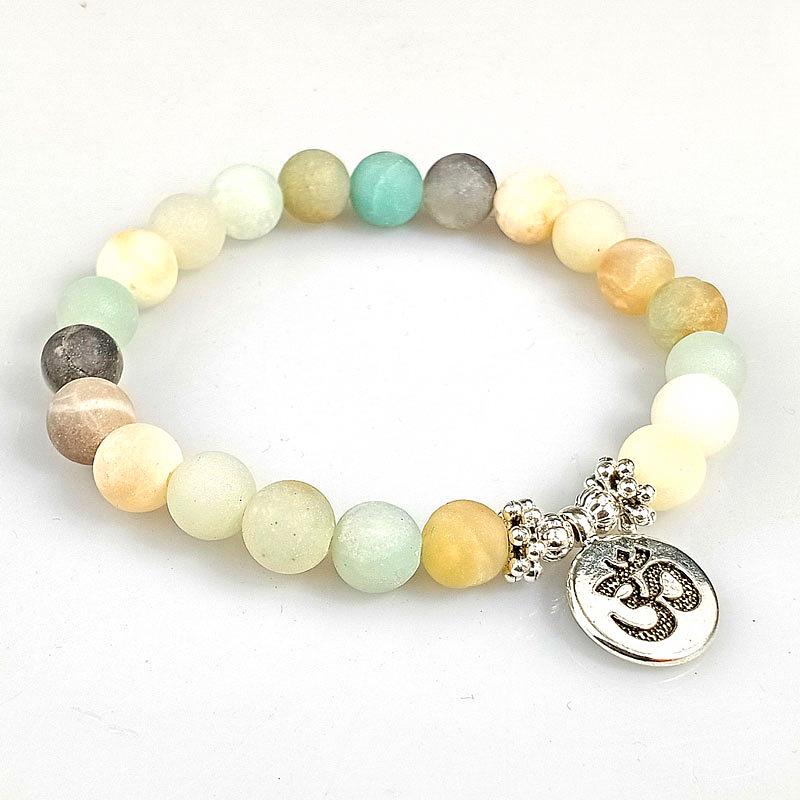 Natural Matte Amazonite Bracelet with Yoga Lotus Pendant - Handmade Buddhist Beads
