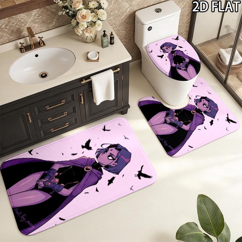 3Pcs Flannel Toilet Mat Set Raven Teen Titans Bathroom Rug Bath Carpet Non Slip Home Decor