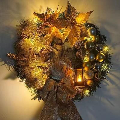 40cm Christmas Wreath With Lamp Bow Ball Big Red Flower Navidad Party Wall Door Window Fireplace Staircase Balcony Garden Wreath