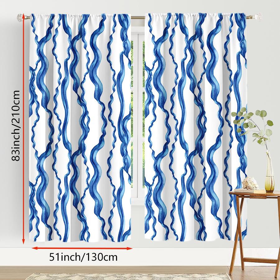 Set Of 2 Blue White Watercolor Wavy Curtains Fresh Ocean Style Living Room Bedroom Drawbar Pocket Window Decoration Curtain Polyester Perfect For Area