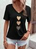 Women's T-Shirt Spring Summer Black Gradient Heart Print V Neck Short Sleeve Loose Sweet Stylish Daily Casual Fashion Top