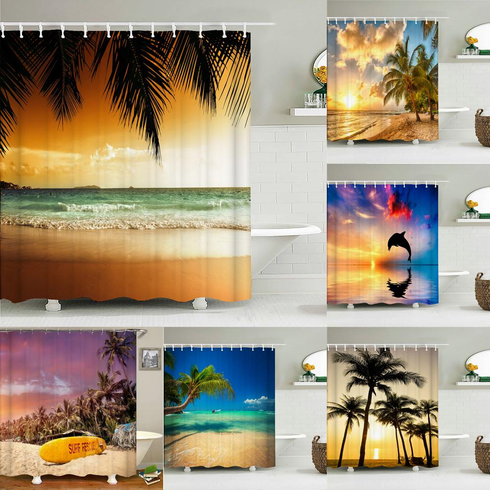 Dunika Chen Sunset Dusk Beach Palm Tree Seaside Scenery Fabric Shower Curtain Waterproof Bath Curtains For Bathroom Decorate With 12 Hooks